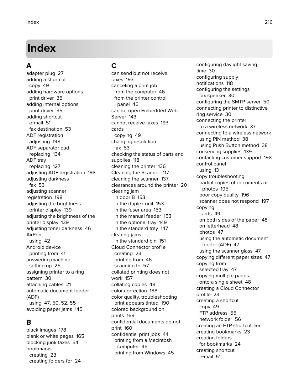 Index | Lexmark MC3224dwe Multifunction Color Laser Printer User Manual | Page 216 / 221