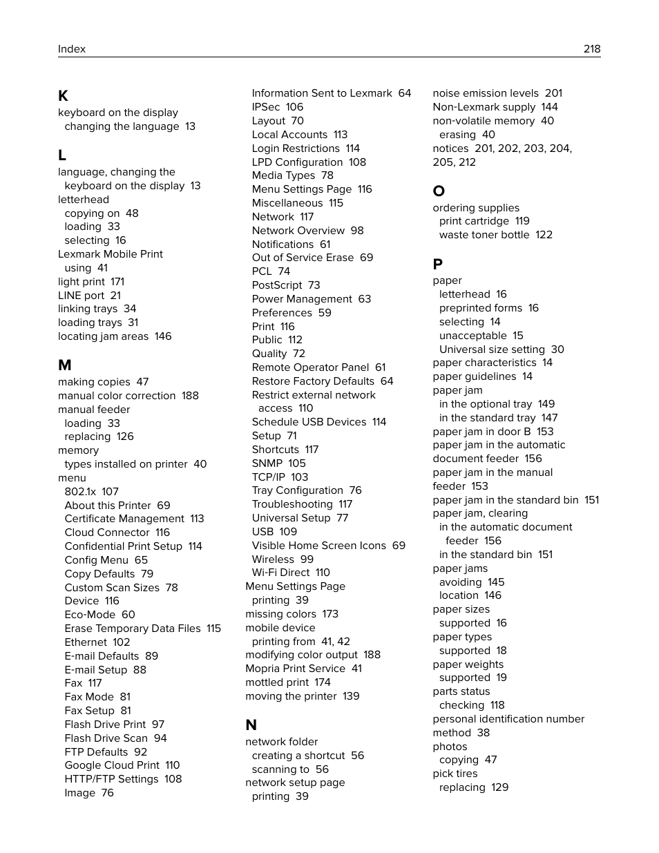 Lexmark MC3224dwe Multifunction Color Laser Printer User Manual | Page 218 / 221