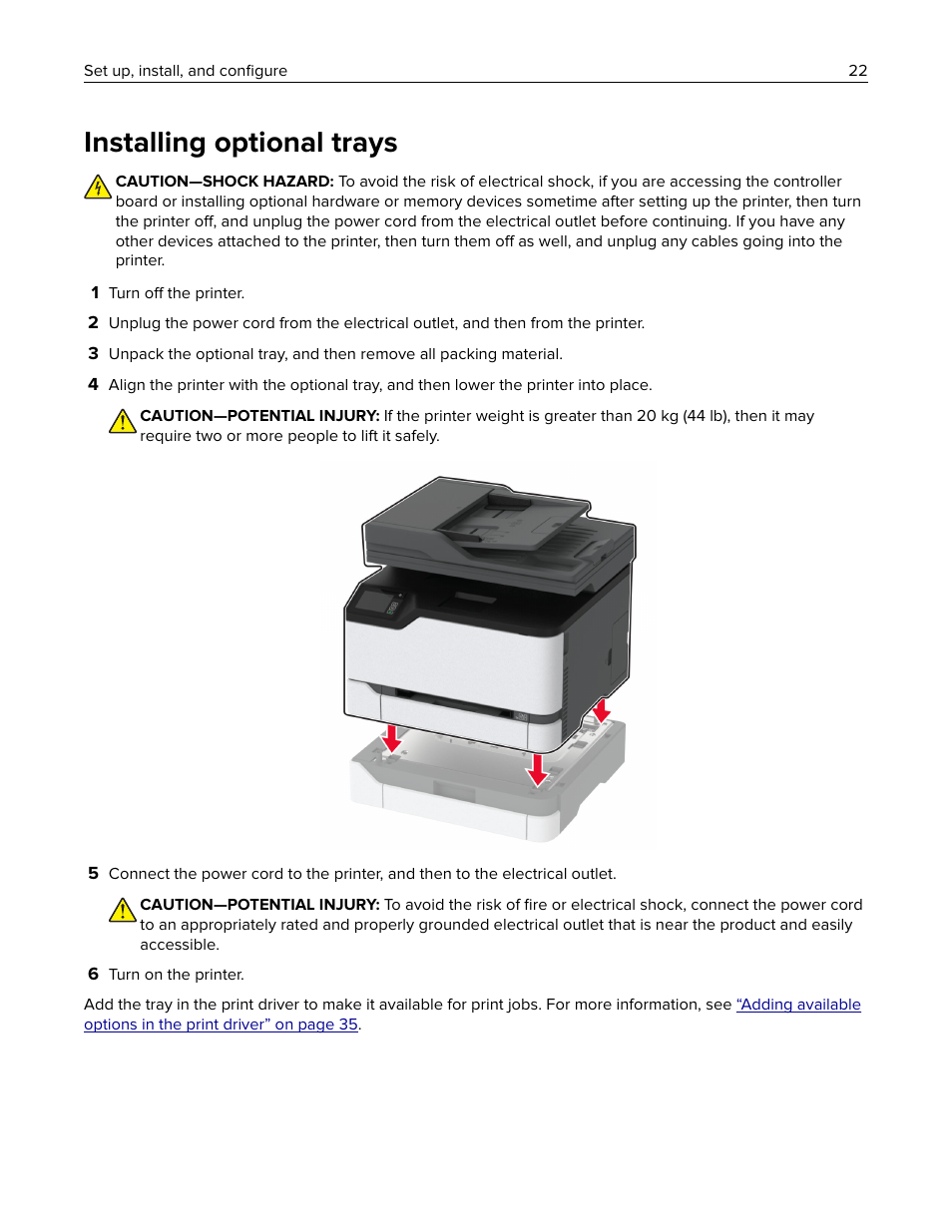 Installing optional trays | Lexmark MC3224dwe Multifunction Color Laser Printer User Manual | Page 22 / 221