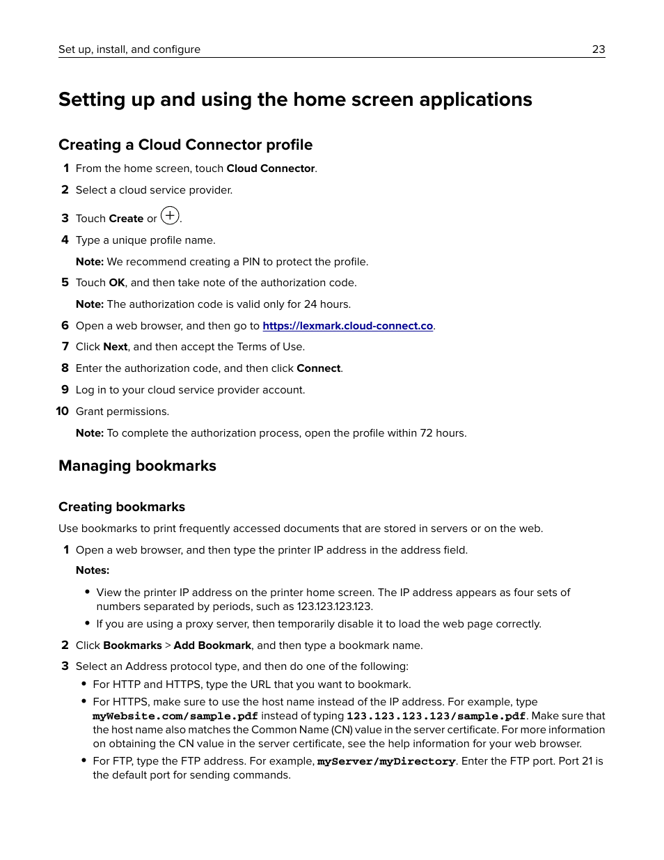 Setting up and using the home screen applications, Creating a cloud connector profile, Managing bookmarks | Creating bookmarks, Creating a cloud connector proﬁle | Lexmark MC3224dwe Multifunction Color Laser Printer User Manual | Page 23 / 221