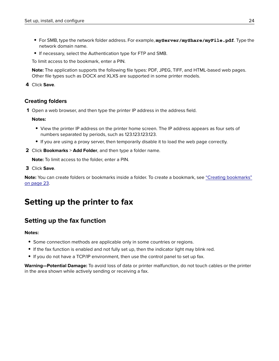 Creating folders, Setting up the printer to fax, Setting up the fax function | Lexmark MC3224dwe Multifunction Color Laser Printer User Manual | Page 24 / 221