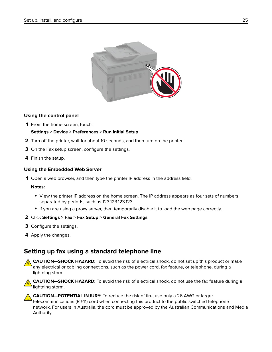 Setting up fax using a standard telephone line | Lexmark MC3224dwe Multifunction Color Laser Printer User Manual | Page 25 / 221