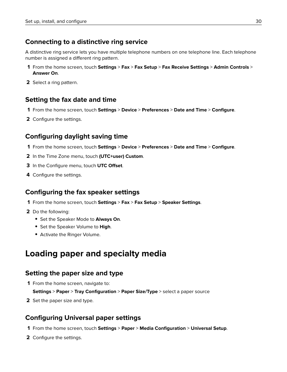 Connecting to a distinctive ring service, Setting the fax date and time, Configuring daylight saving time | Configuring the fax speaker settings, Loading paper and specialty media, Setting the paper size and type, Configuring universal paper settings, Configuring daylight saving time, Configuring the fax speaker settings, Configuring universal paper settings | Lexmark MC3224dwe Multifunction Color Laser Printer User Manual | Page 30 / 221