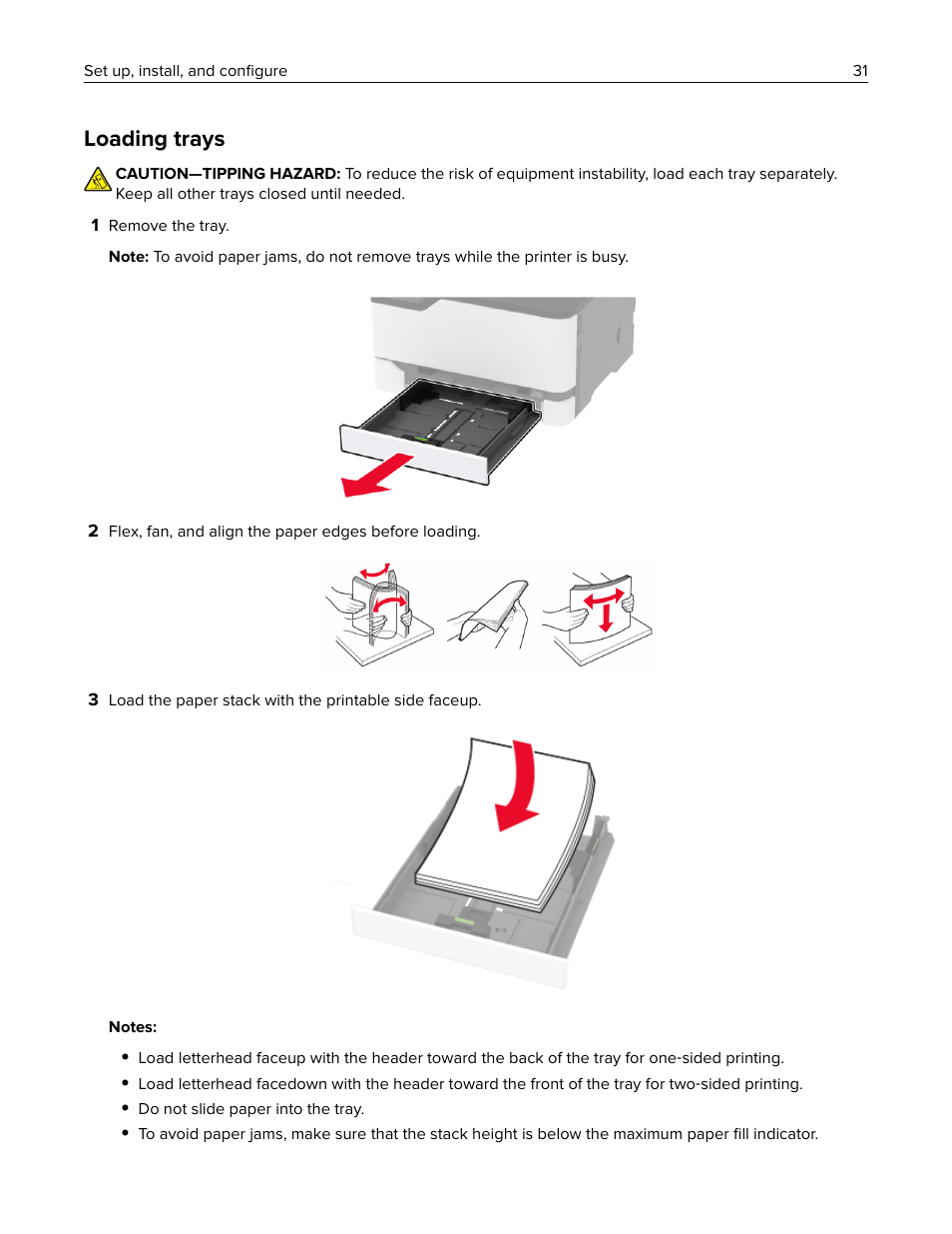 Loading trays | Lexmark MC3224dwe Multifunction Color Laser Printer User Manual | Page 31 / 221