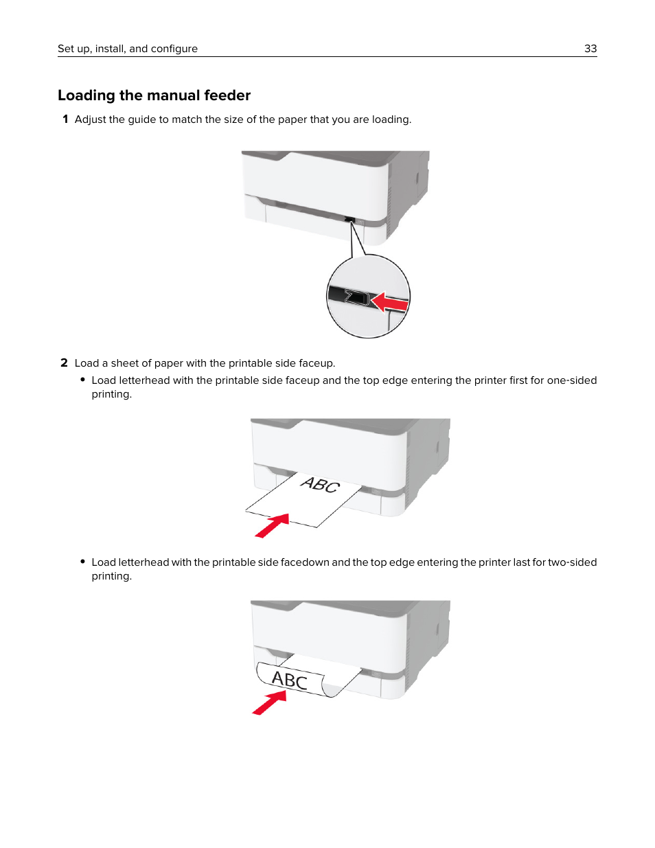 Loading the manual feeder | Lexmark MC3224dwe Multifunction Color Laser Printer User Manual | Page 33 / 221