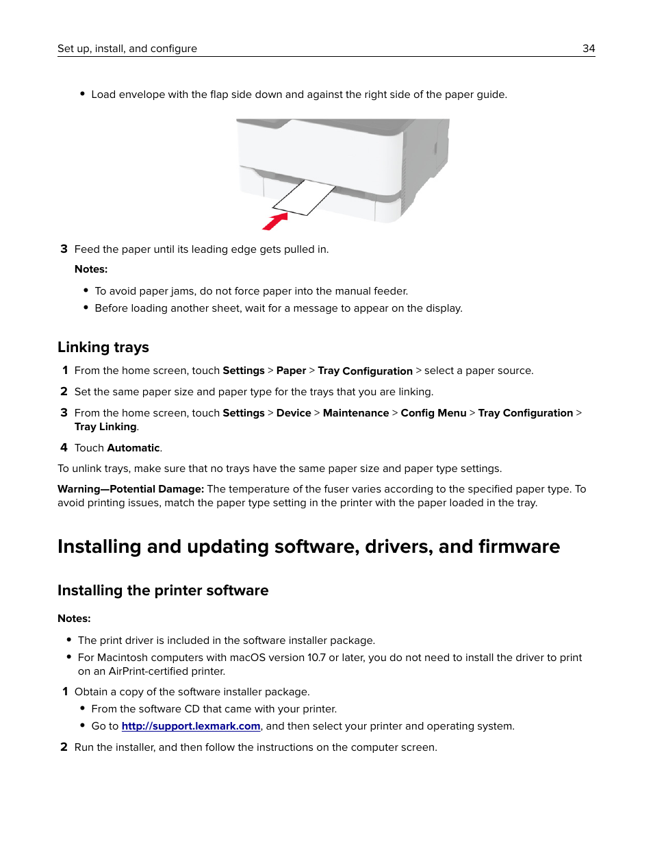 Linking trays, Installing the printer software | Lexmark MC3224dwe Multifunction Color Laser Printer User Manual | Page 34 / 221