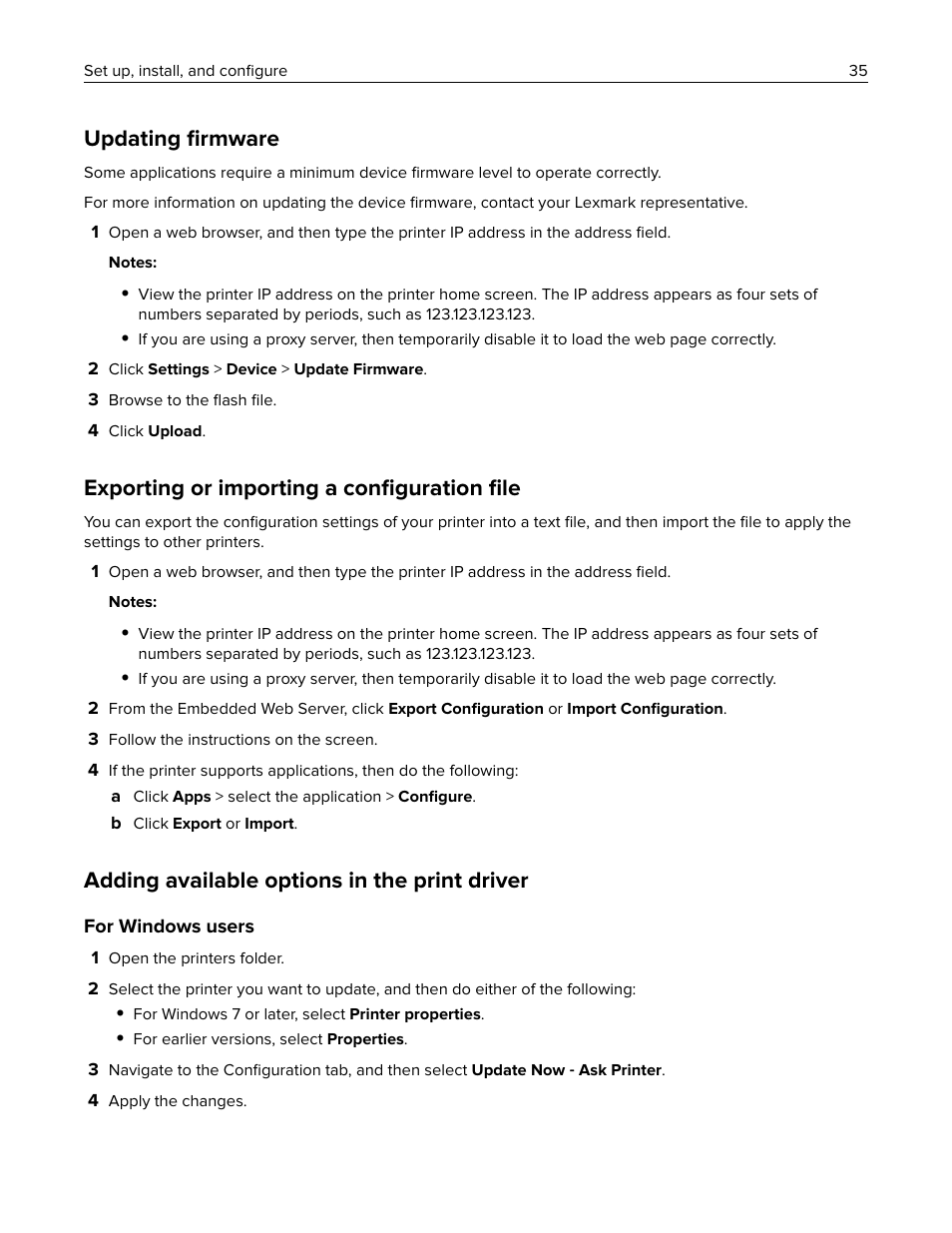 Updating firmware, Exporting or importing a configuration file, Adding available options in the print driver | Rmation, see, Adding available, Updating ﬁrmware, Exporting or importing a conﬁguration ﬁle | Lexmark MC3224dwe Multifunction Color Laser Printer User Manual | Page 35 / 221