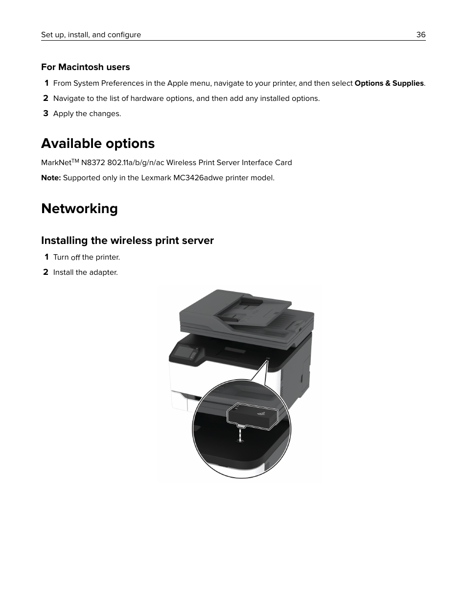 Available options, Networking, Installing the wireless print server | Lexmark MC3224dwe Multifunction Color Laser Printer User Manual | Page 36 / 221