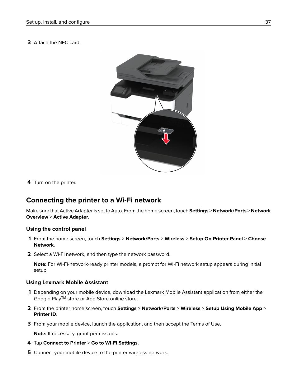 Connecting the printer to a wi-fi network, Connecting the printer to a wi ‑ fi network | Lexmark MC3224dwe Multifunction Color Laser Printer User Manual | Page 37 / 221