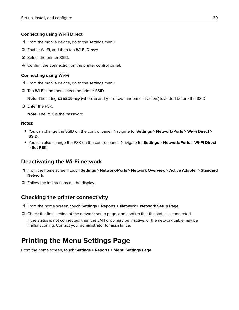 Deactivating the wi-fi network, Checking the printer connectivity, Printing the menu settings page | Deactivating the wi ‑ fi network | Lexmark MC3224dwe Multifunction Color Laser Printer User Manual | Page 39 / 221