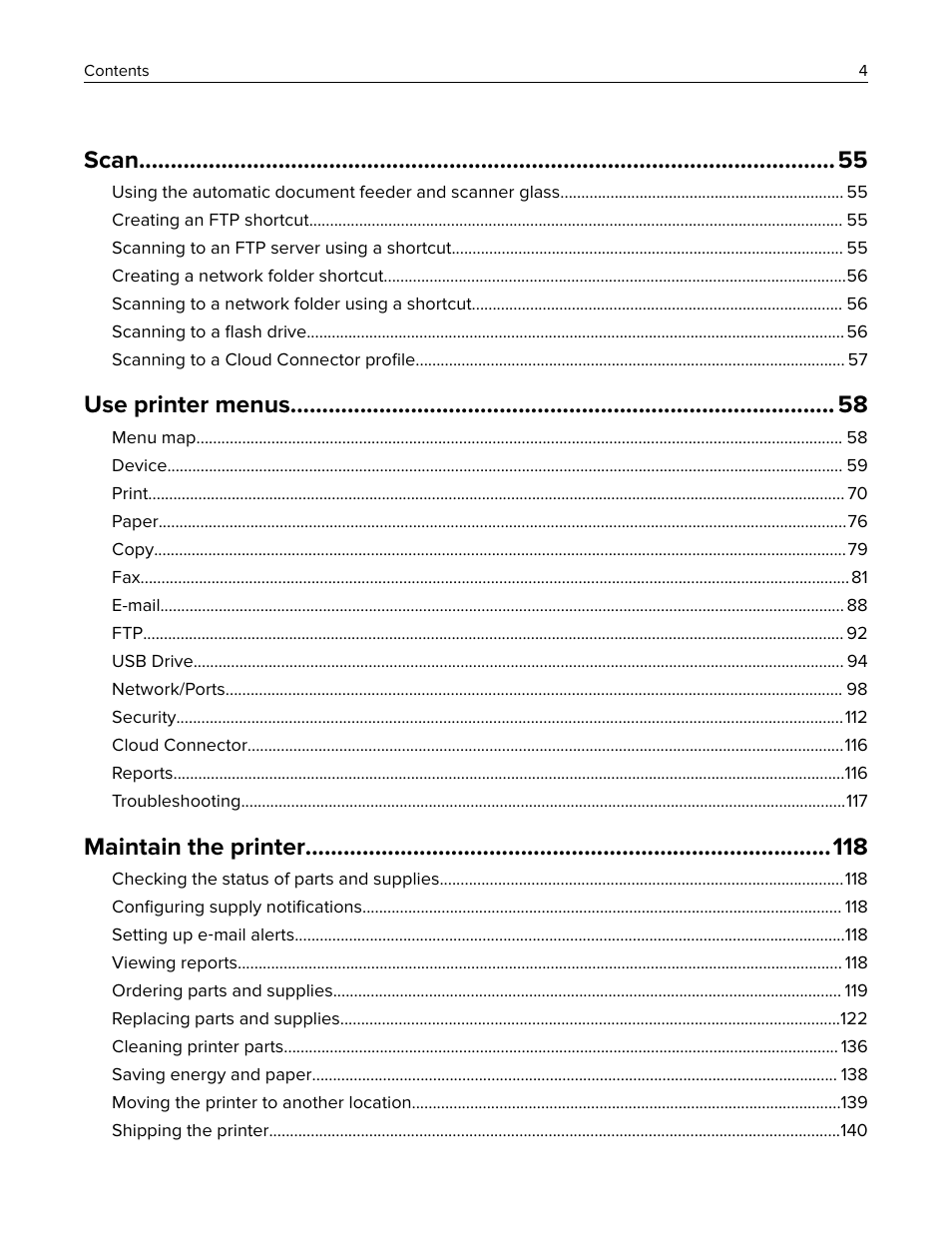 Scan, Use printer menus, Maintain the printer | Lexmark MC3224dwe Multifunction Color Laser Printer User Manual | Page 4 / 221