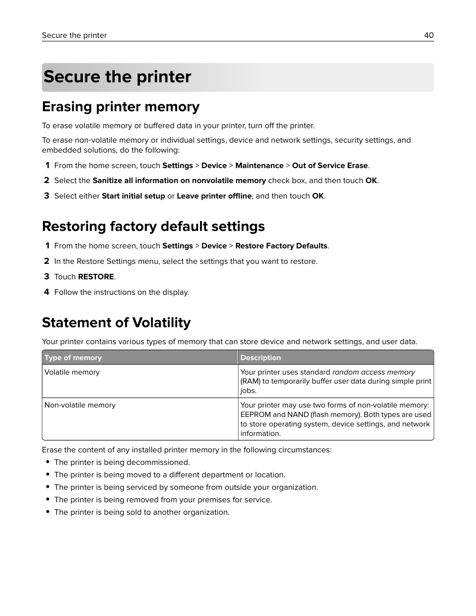 Secure the printer, Erasing printer memory, Restoring factory default settings | Statement of volatility | Lexmark MC3224dwe Multifunction Color Laser Printer User Manual | Page 40 / 221