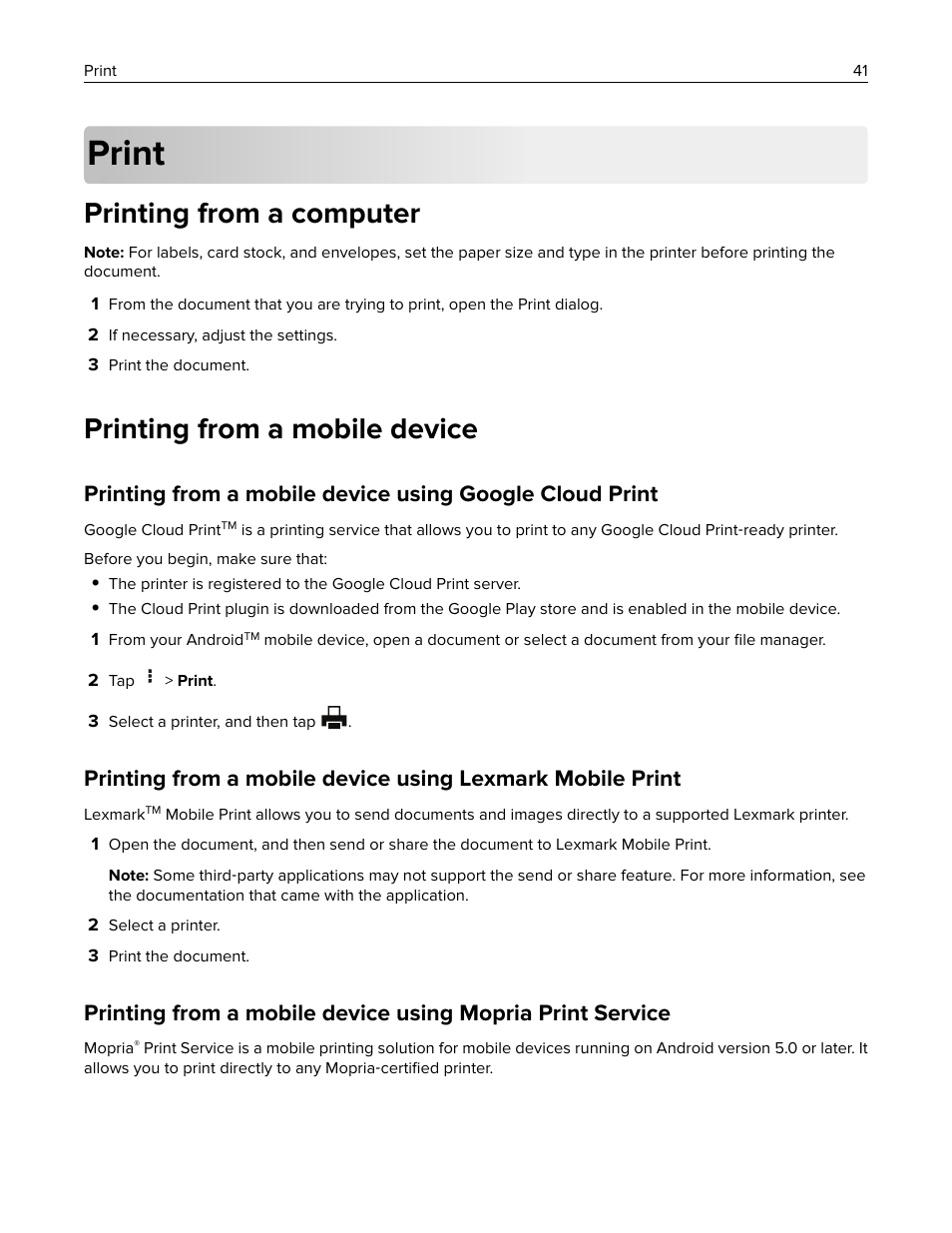 Print, Printing from a computer, Printing from a mobile device | Lexmark MC3224dwe Multifunction Color Laser Printer User Manual | Page 41 / 221