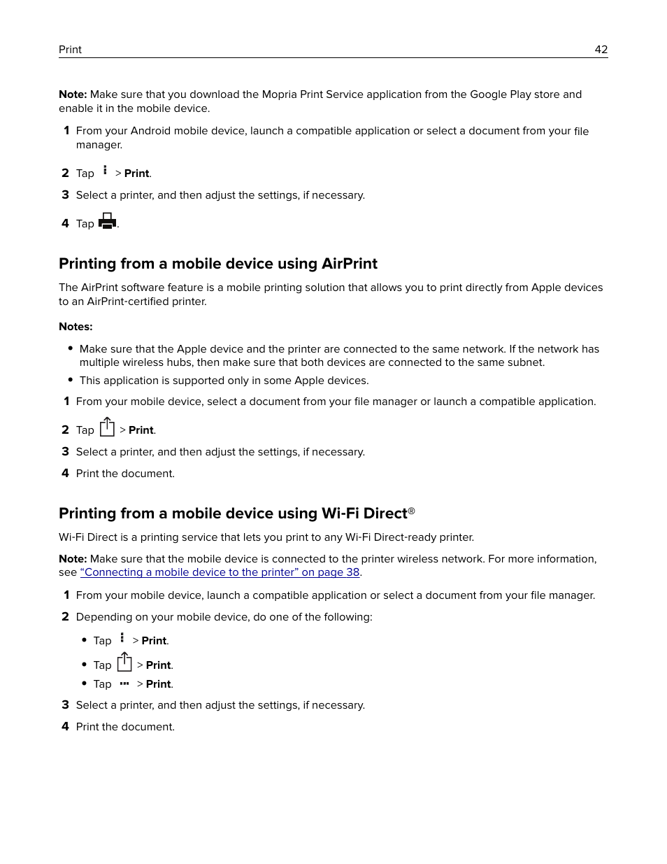 Printing from a mobile device using airprint, Printing from a mobile device using wi-fi direct, Printing from a mobile device using wi ‑ fi direct | Lexmark MC3224dwe Multifunction Color Laser Printer User Manual | Page 42 / 221