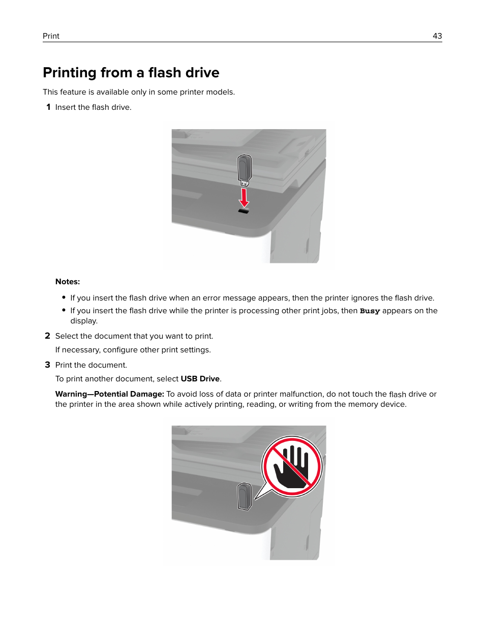 Printing from a flash drive, Printing from a ﬂash drive | Lexmark MC3224dwe Multifunction Color Laser Printer User Manual | Page 43 / 221