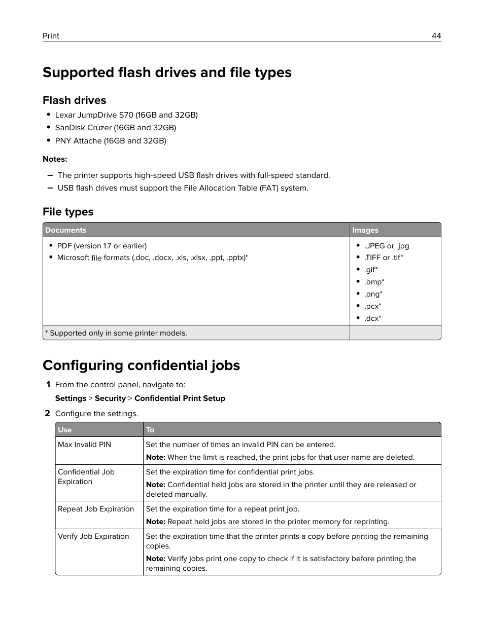 Supported flash drives and file types, Configuring confidential jobs, Supported ﬂash drives and ﬁle types | Conﬁguring conﬁdential jobs, Flash drives, File types | Lexmark MC3224dwe Multifunction Color Laser Printer User Manual | Page 44 / 221