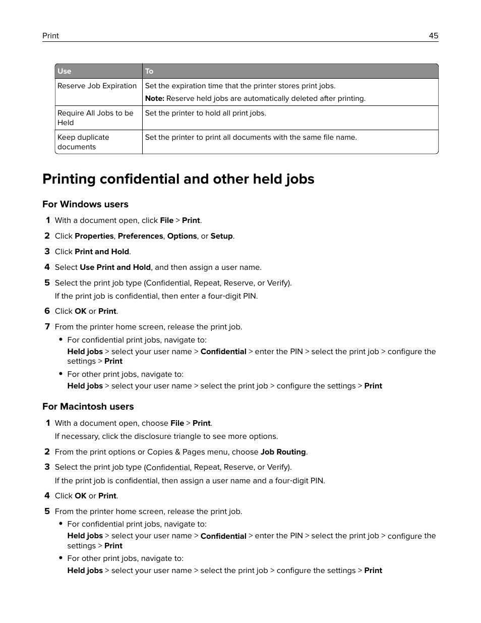 Printing confidential and other held jobs, Printing conﬁdential and other held jobs | Lexmark MC3224dwe Multifunction Color Laser Printer User Manual | Page 45 / 221