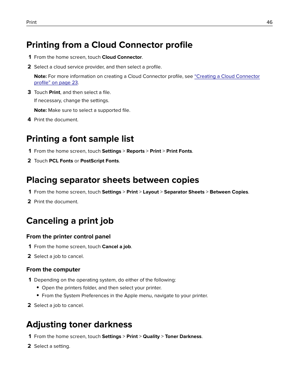 Printing from a cloud connector profile, Printing a font sample list, Placing separator sheets between copies | Canceling a print job, Adjusting toner darkness, Printing from a cloud connector proﬁle | Lexmark MC3224dwe Multifunction Color Laser Printer User Manual | Page 46 / 221