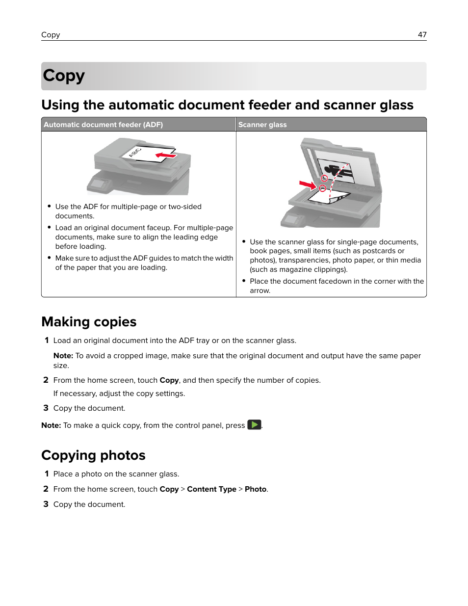 Copy, Making copies, Copying photos | Lexmark MC3224dwe Multifunction Color Laser Printer User Manual | Page 47 / 221