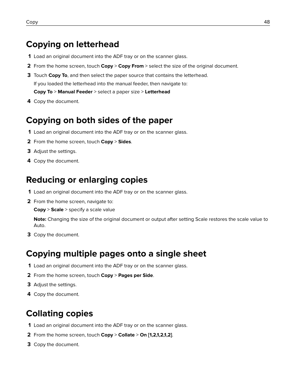 Copying on letterhead, Copying on both sides of the paper, Reducing or enlarging copies | Collating copies, Copying multiple pages onto a single sheet | Lexmark MC3224dwe Multifunction Color Laser Printer User Manual | Page 48 / 221