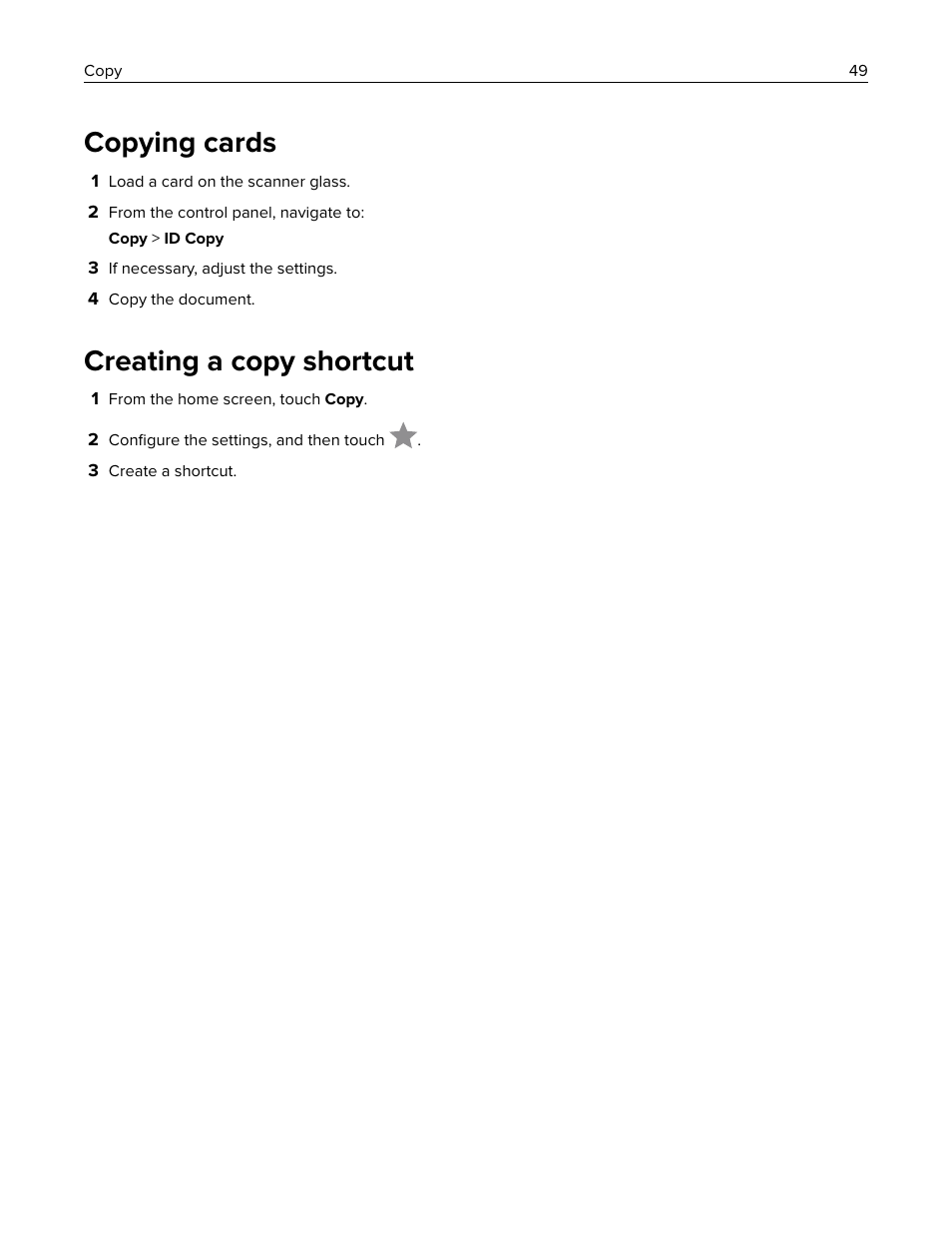 Copying cards, Creating a copy shortcut | Lexmark MC3224dwe Multifunction Color Laser Printer User Manual | Page 49 / 221