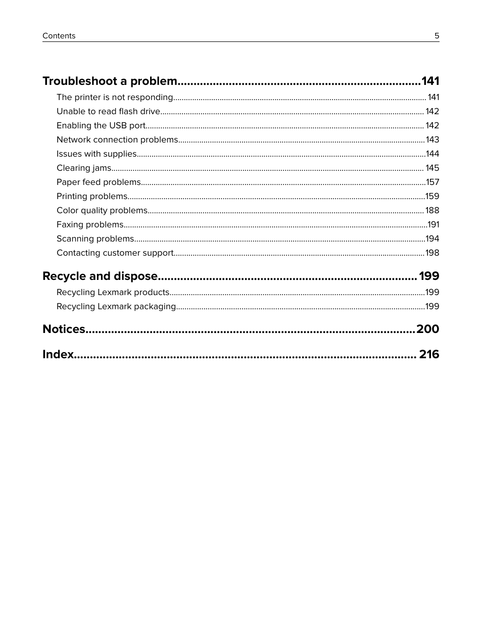 Troubleshoot a problem, Recycle and dispose, Notices index | Lexmark MC3224dwe Multifunction Color Laser Printer User Manual | Page 5 / 221