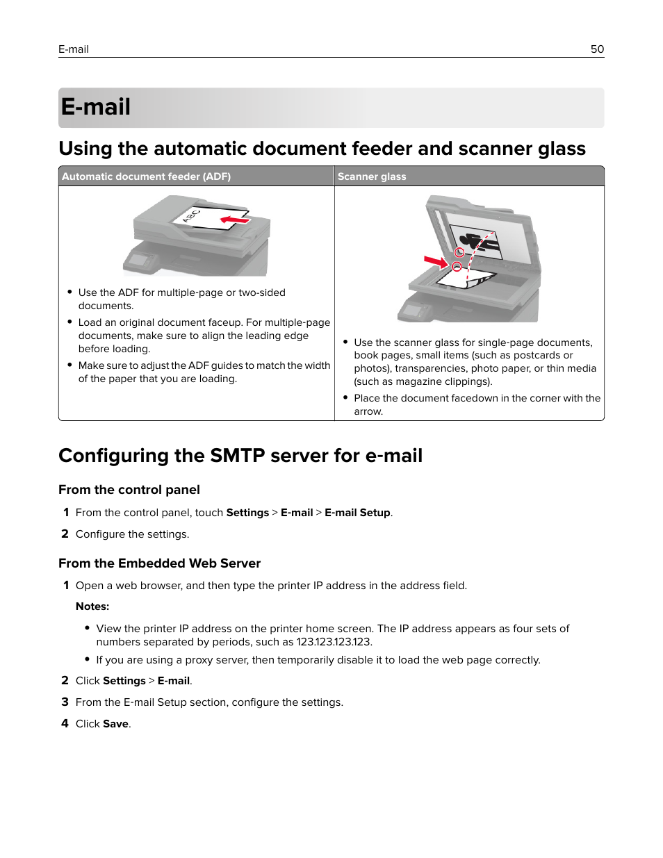 E-mail, Configuring the smtp server for e-mail, Conﬁguring the smtp server for e | Mail, Conﬁguring the smtp server for e ‑ mail | Lexmark MC3224dwe Multifunction Color Laser Printer User Manual | Page 50 / 221