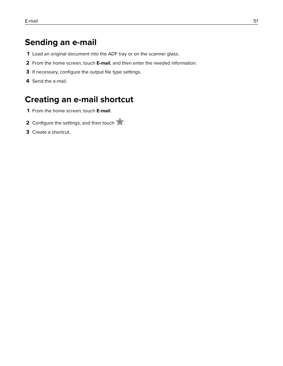 Sending an e-mail, Creating an e-mail shortcut | Lexmark MC3224dwe Multifunction Color Laser Printer User Manual | Page 51 / 221