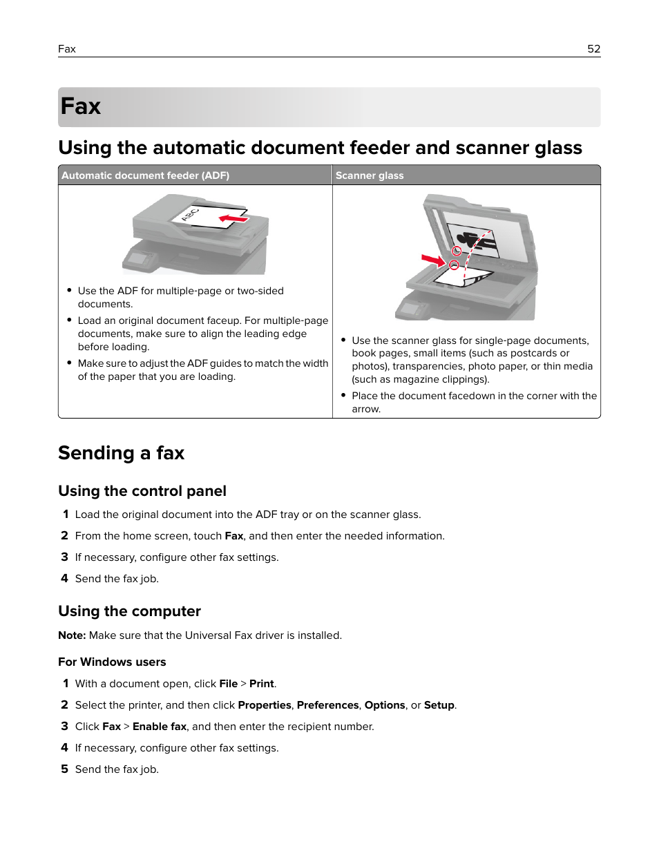 Sending a fax, Using the control panel, Using the computer | Lexmark MC3224dwe Multifunction Color Laser Printer User Manual | Page 52 / 221