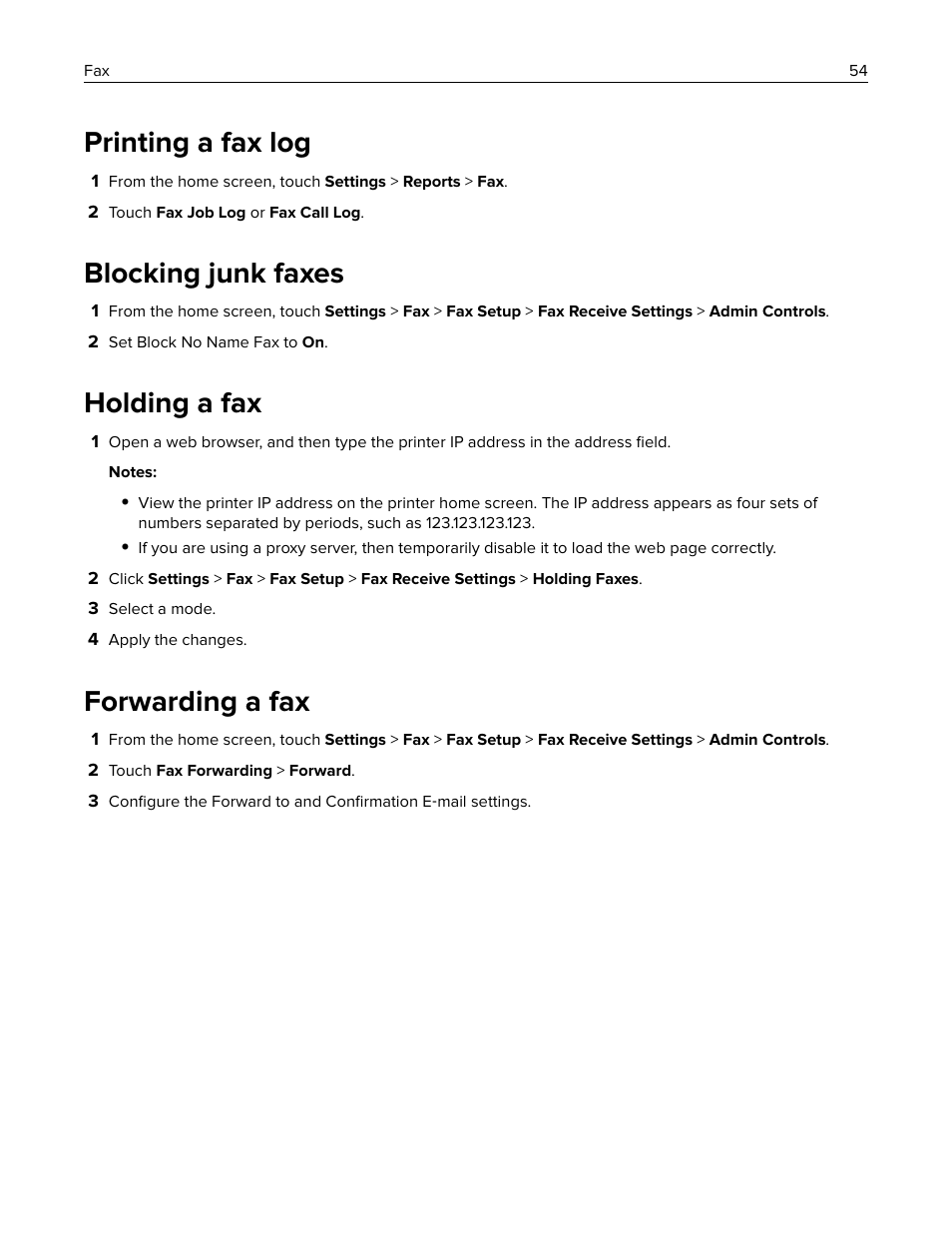 Printing a fax log, Blocking junk faxes, Holding a fax | Forwarding a fax | Lexmark MC3224dwe Multifunction Color Laser Printer User Manual | Page 54 / 221