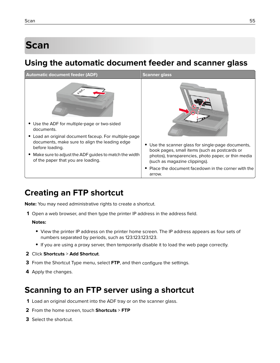 Scan, Creating an ftp shortcut, Scanning to an ftp server using a shortcut | Lexmark MC3224dwe Multifunction Color Laser Printer User Manual | Page 55 / 221