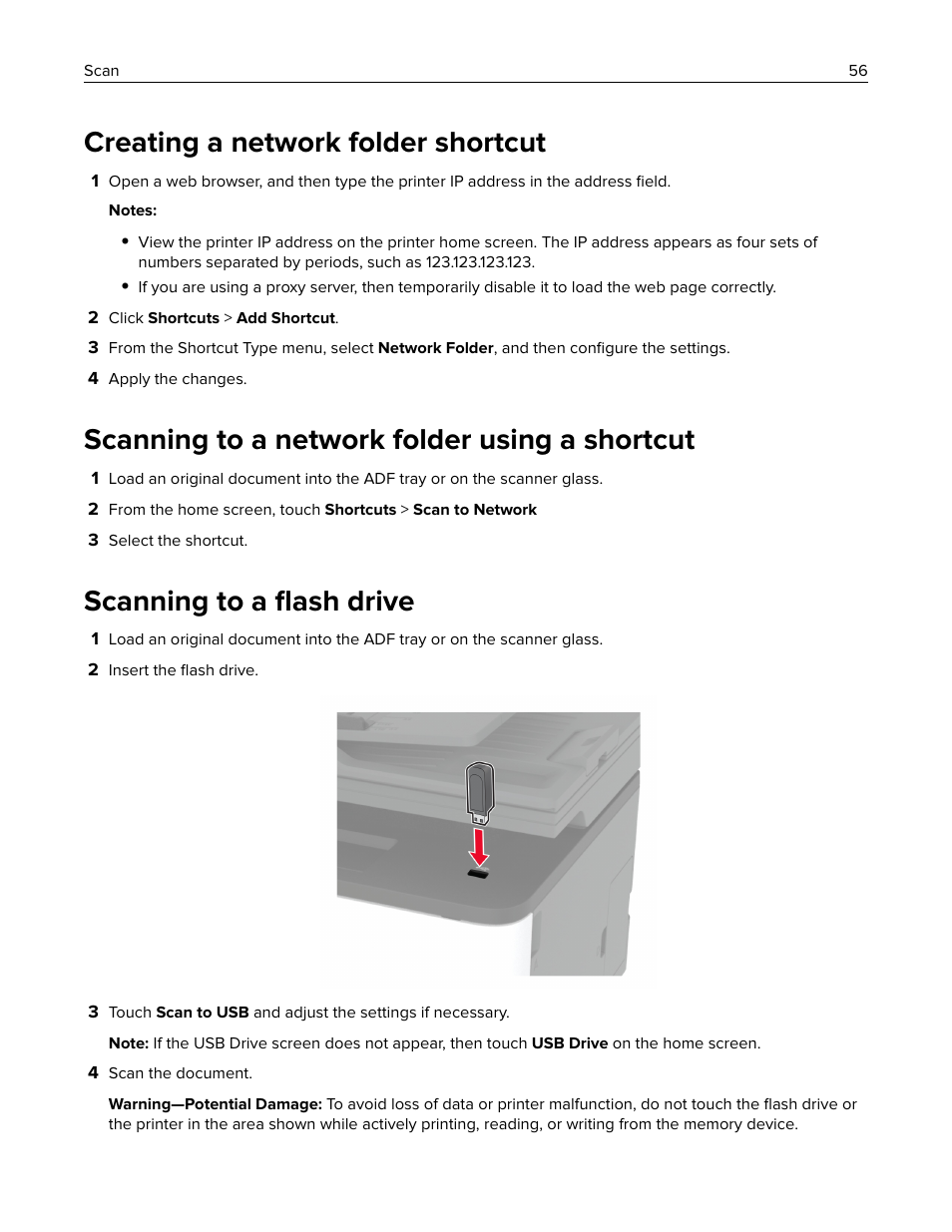 Creating a network folder shortcut, Scanning to a network folder using a shortcut, Scanning to a flash drive | Scanning to a ﬂash drive | Lexmark MC3224dwe Multifunction Color Laser Printer User Manual | Page 56 / 221