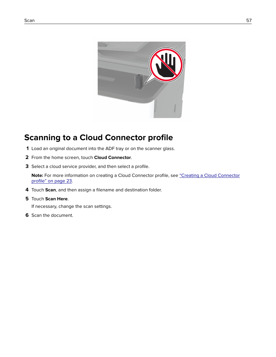 Scanning to a cloud connector profile, Scanning to a cloud connector proﬁle | Lexmark MC3224dwe Multifunction Color Laser Printer User Manual | Page 57 / 221