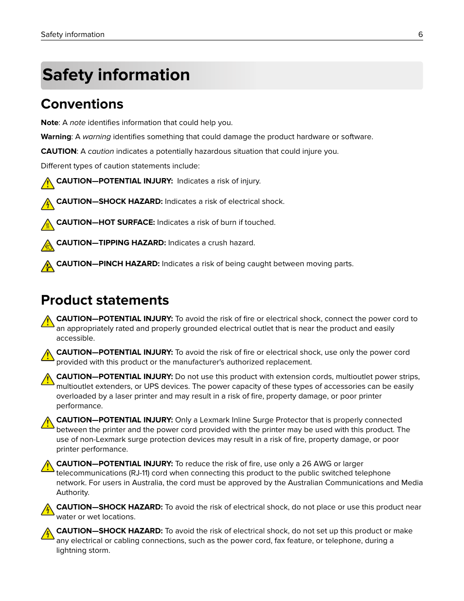 Safety information, Conventions, Product statements | Lexmark MC3224dwe Multifunction Color Laser Printer User Manual | Page 6 / 221