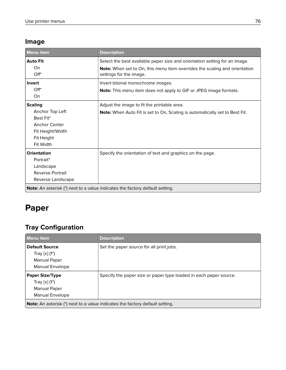 Image, Paper, Tray configuration | Tray conﬁguration | Lexmark MC3224dwe Multifunction Color Laser Printer User Manual | Page 76 / 221