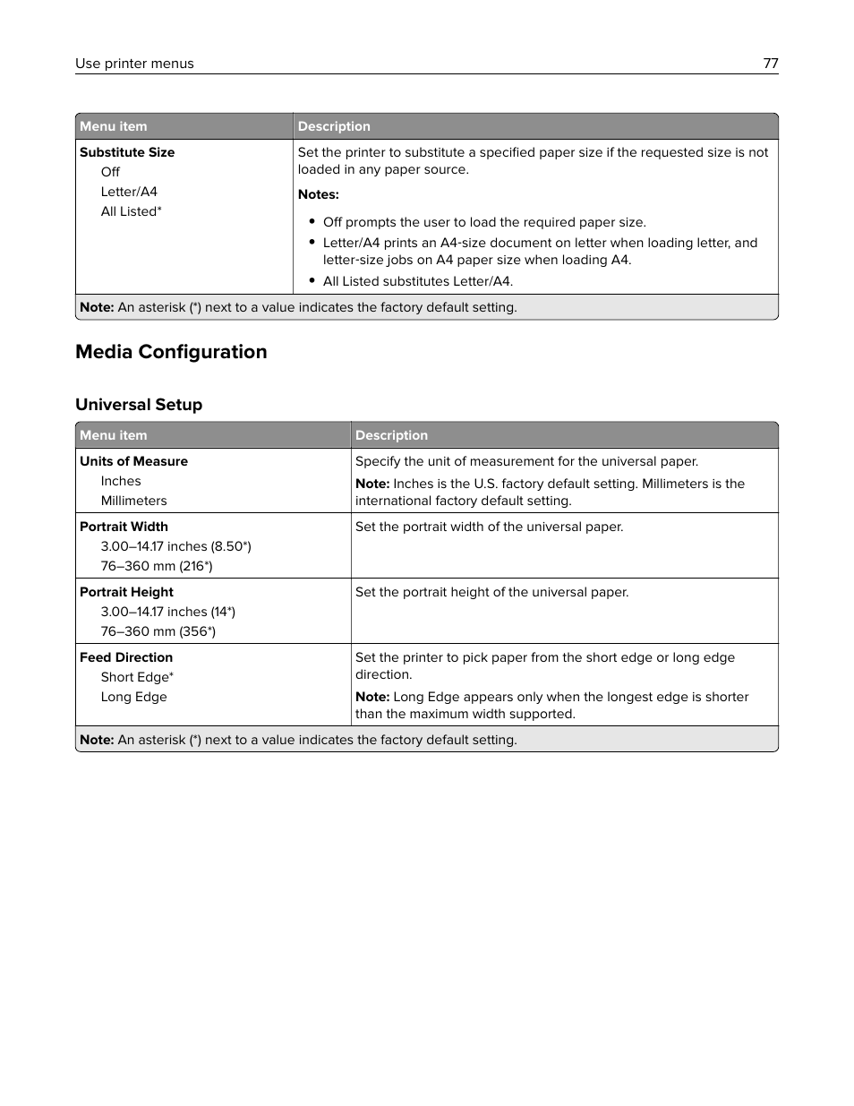 Media configuration, Universal setup, Media conﬁguration | Lexmark MC3224dwe Multifunction Color Laser Printer User Manual | Page 77 / 221