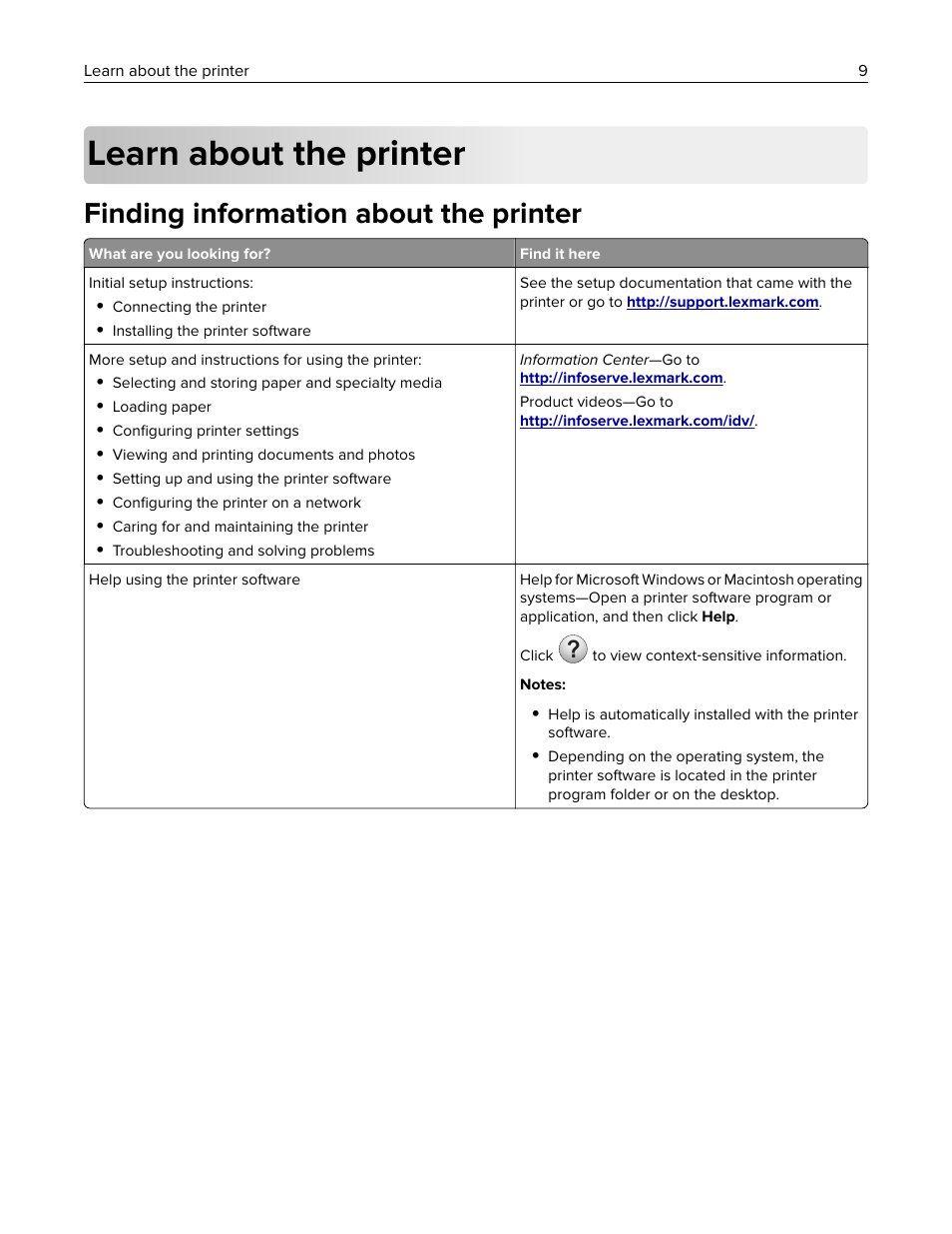 Learn about the printer, Finding information about the printer | Lexmark MC3224dwe Multifunction Color Laser Printer User Manual | Page 9 / 221