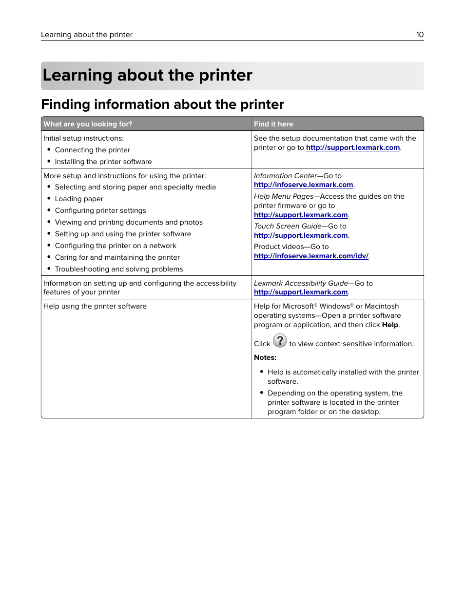 Learning about the printer, Finding information about the printer | Lexmark CX622ade Color Laser Printer User Manual | Page 10 / 270