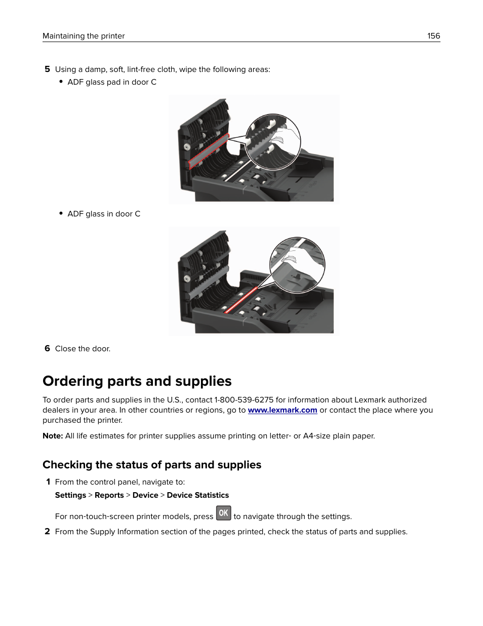 Ordering parts and supplies, Checking the status of parts and supplies | Lexmark CX622ade Color Laser Printer User Manual | Page 156 / 270