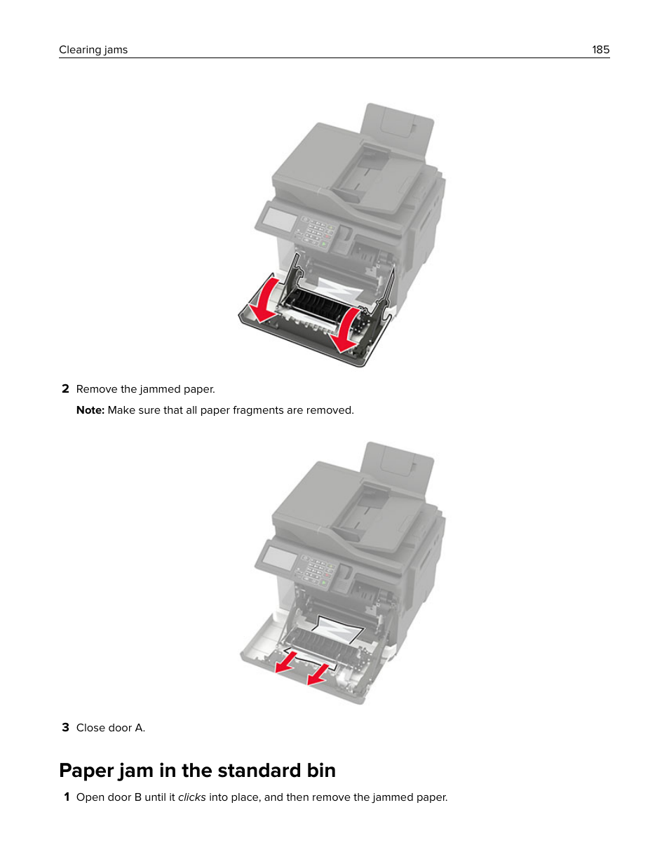 Paper jam in the standard bin | Lexmark CX622ade Color Laser Printer User Manual | Page 185 / 270
