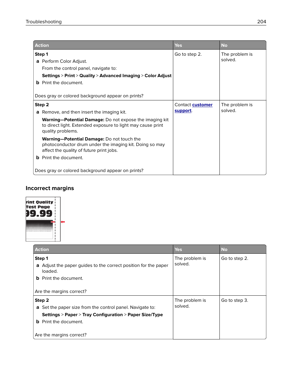 Incorrect margins | Lexmark CX622ade Color Laser Printer User Manual | Page 204 / 270