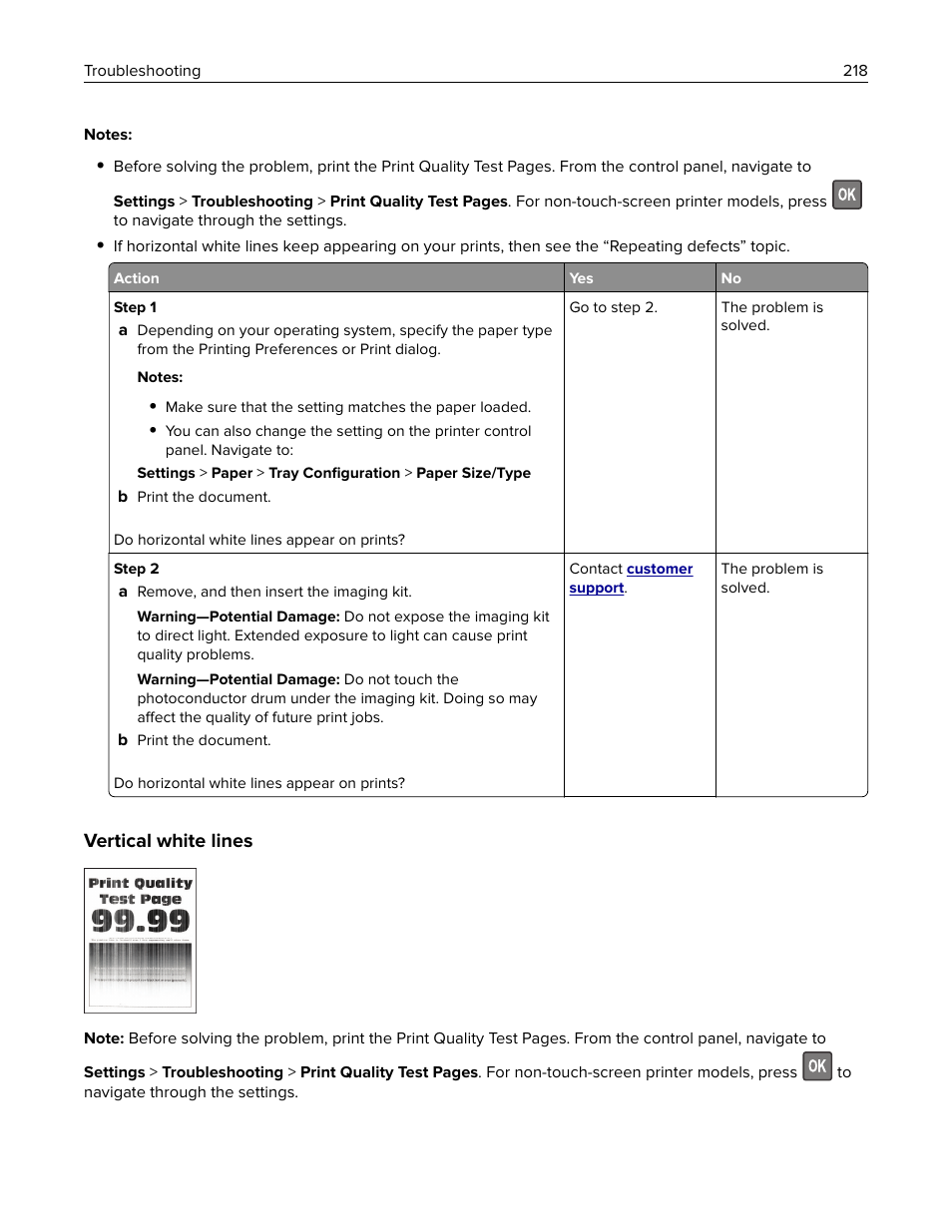 Vertical white lines | Lexmark CX622ade Color Laser Printer User Manual | Page 218 / 270