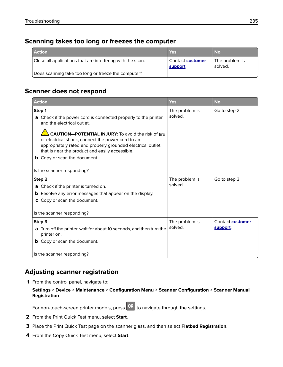 Scanning takes too long or freezes the computer, Scanner does not respond, Adjusting scanner registration | Lexmark CX622ade Color Laser Printer User Manual | Page 235 / 270