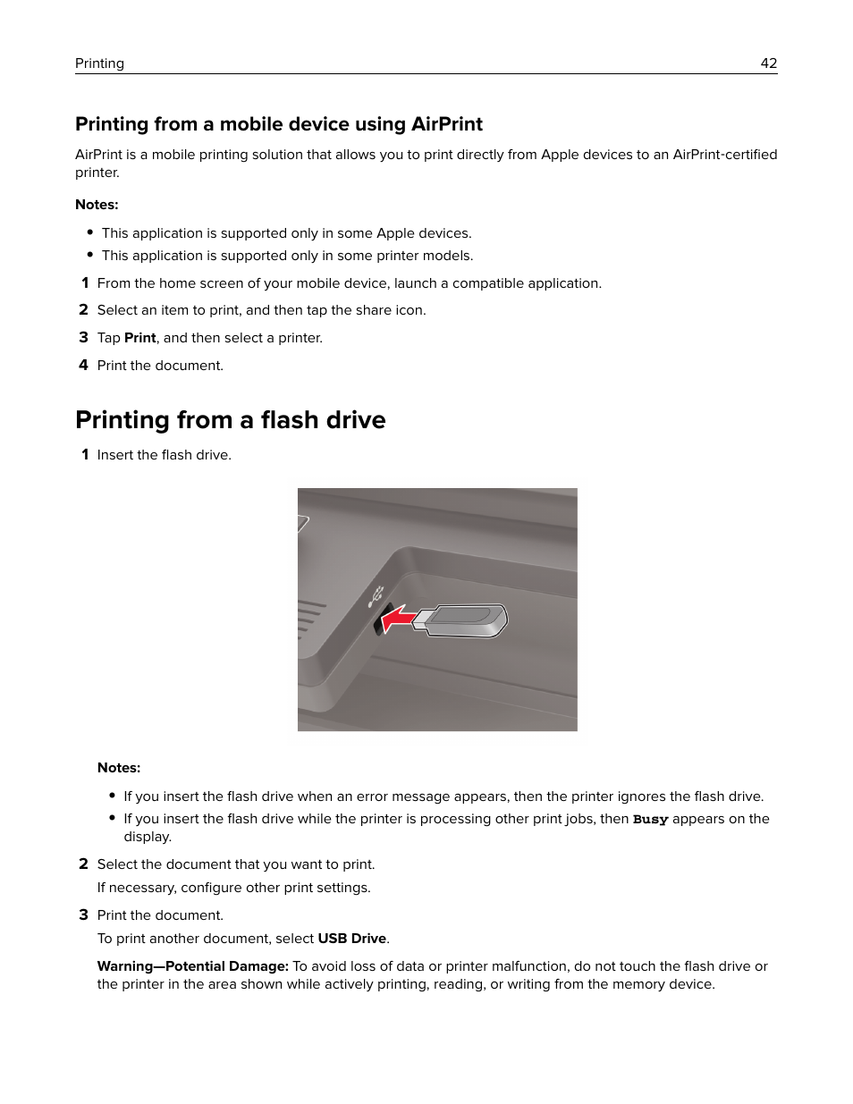 Printing from a mobile device using airprint, Printing from a flash drive, Printing from a ﬂash drive | Lexmark CX622ade Color Laser Printer User Manual | Page 42 / 270