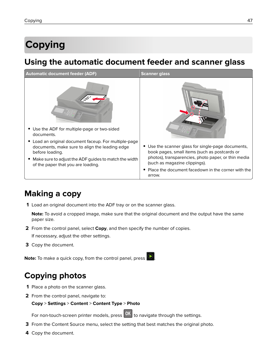 Copying, Making a copy, Copying photos | Lexmark CX622ade Color Laser Printer User Manual | Page 47 / 270