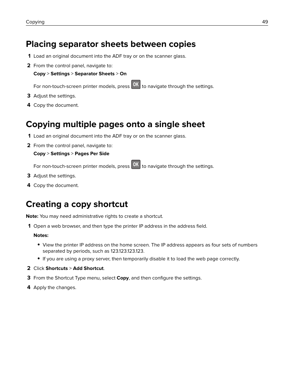 Placing separator sheets between copies, Creating a copy shortcut, Copying multiple pages onto a single sheet | Lexmark CX622ade Color Laser Printer User Manual | Page 49 / 270
