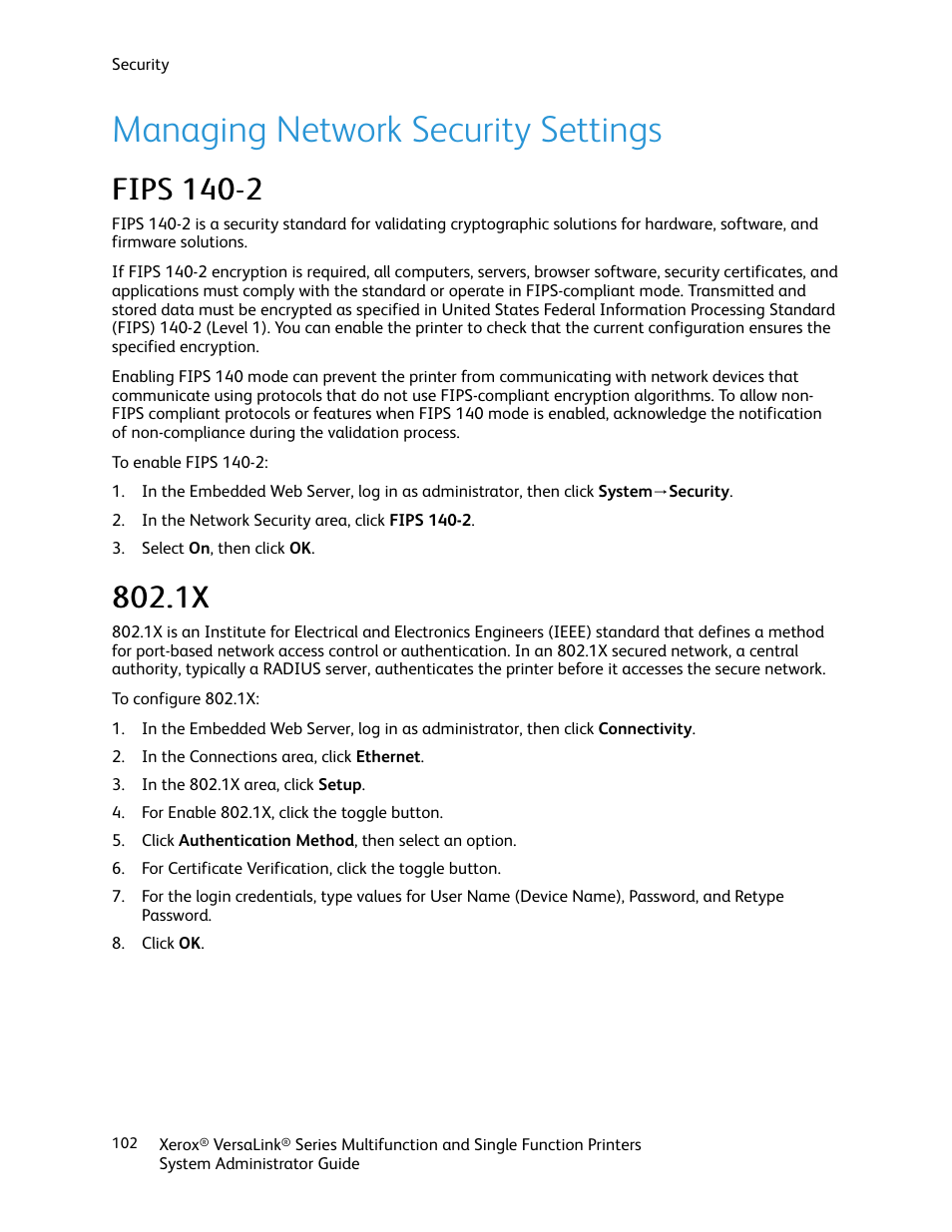 Managing network security settings, Fips 140-2, Fips 140-2 802.1x | Xerox VersaLink C500/DN Color Laser Printer User Manual | Page 102 / 204