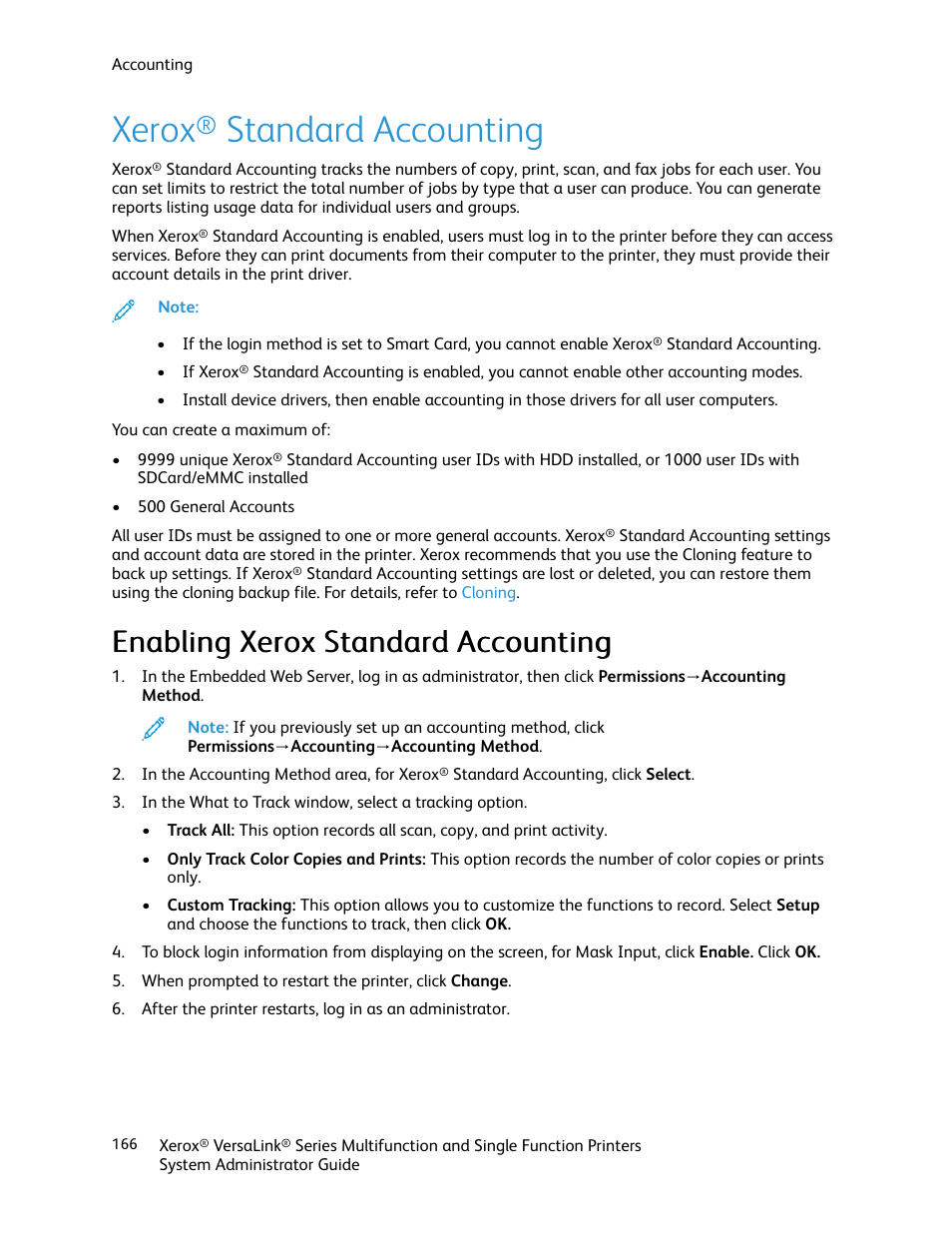Xerox® standard accounting, Enabling xerox standard accounting, Xerox | Standard accounting | Xerox VersaLink C500/DN Color Laser Printer User Manual | Page 166 / 204