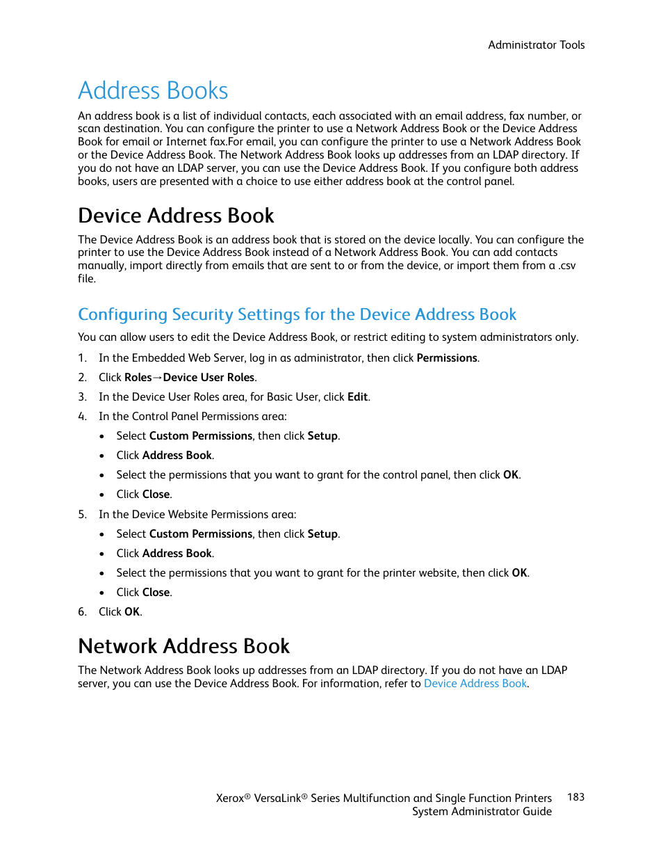 Address books, Device address book, Network address book | Device address book network address book | Xerox VersaLink C500/DN Color Laser Printer User Manual | Page 183 / 204