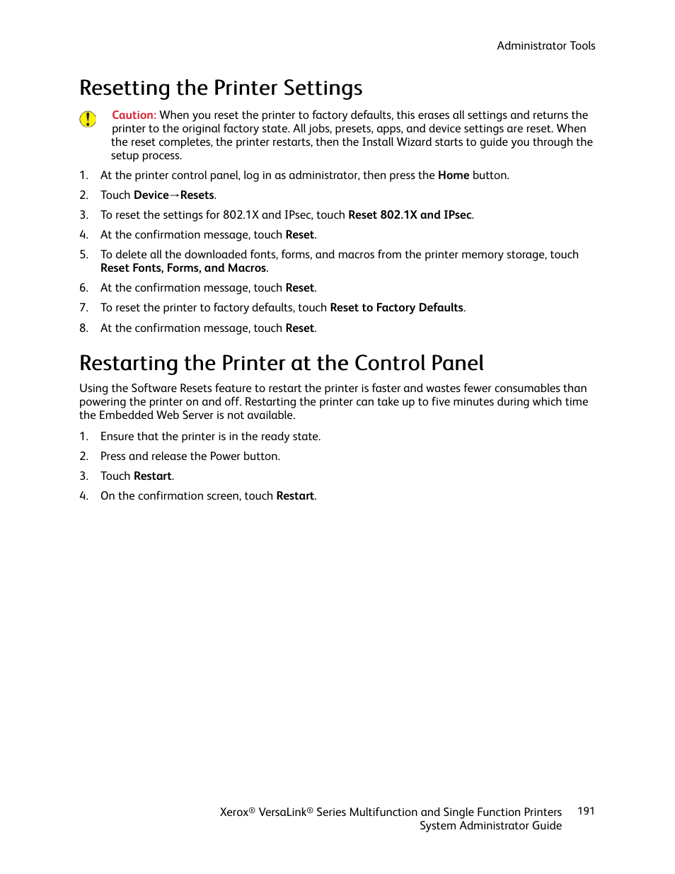 Resetting the printer settings, Restarting the printer at the control panel | Xerox VersaLink C500/DN Color Laser Printer User Manual | Page 191 / 204